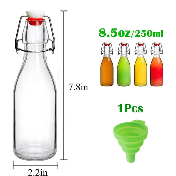 A set of eight 8.5oz swing top glass bottles with airtight flip lids in various colors.