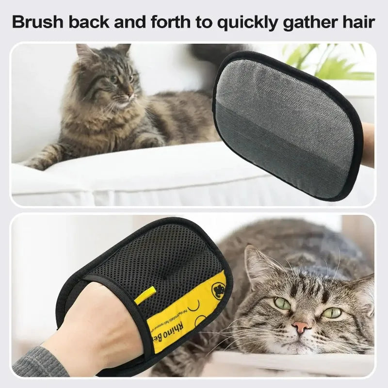 A cat is using a reusable pet hair remover glove on its fur.