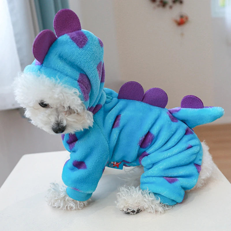 Blue plush fleece pet overalls with purple polka dots and white fluffy trim for a dog or cat