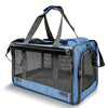A blue breathable mesh pet carrier bag with black straps and zippers.