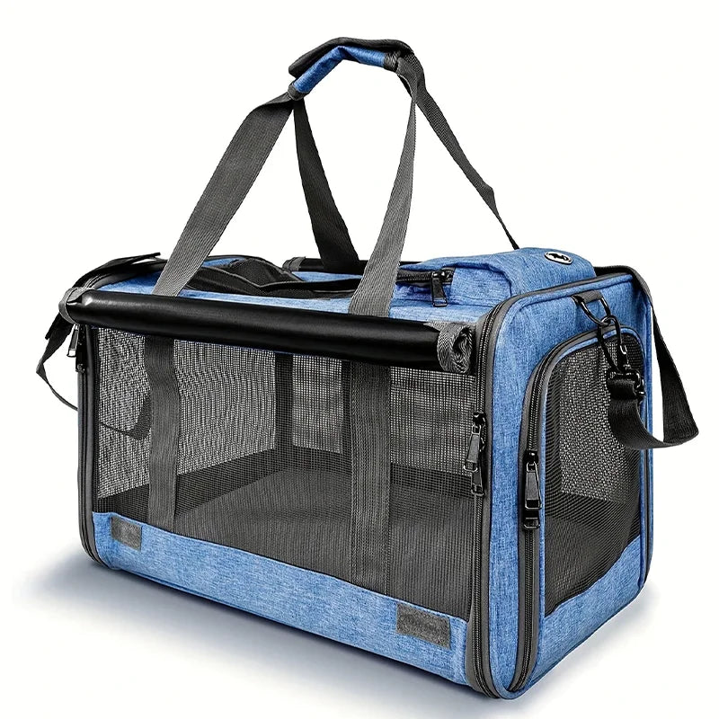 A blue breathable mesh pet carrier bag with black straps and zippers.