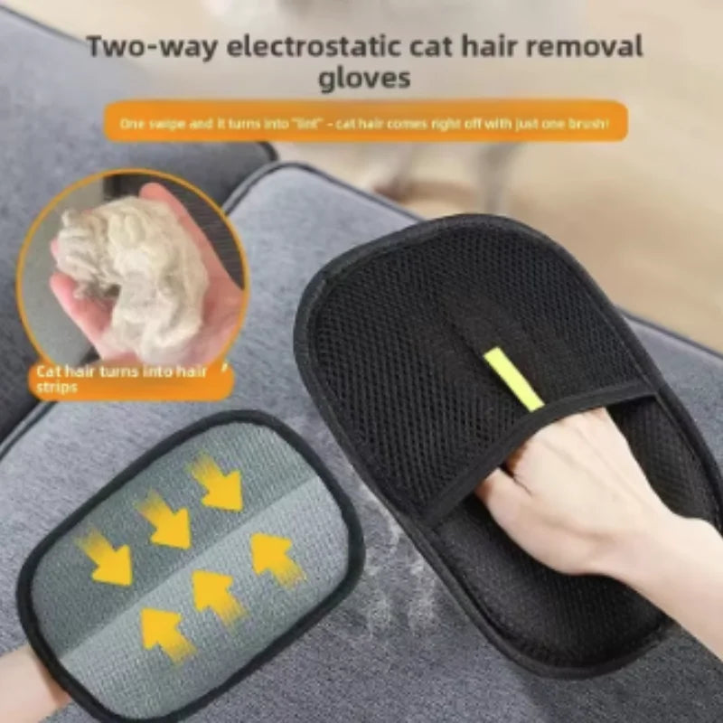 Two-way electrostatic cat hair removal gloves shown with a hand demonstrating the product's use.