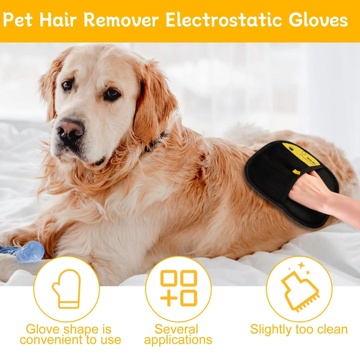 A golden retriever is lying down while a hand uses pet hair remover electrostatic gloves on its fur.