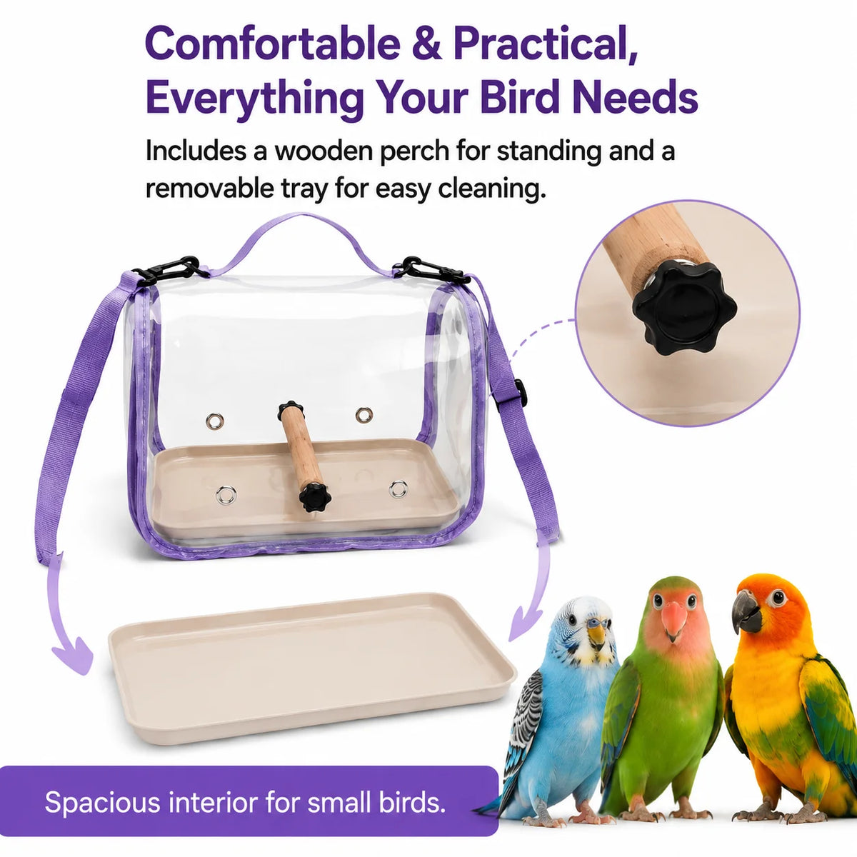 A clear portable bird travel carrier with a wooden perch and removable tray for small birds.