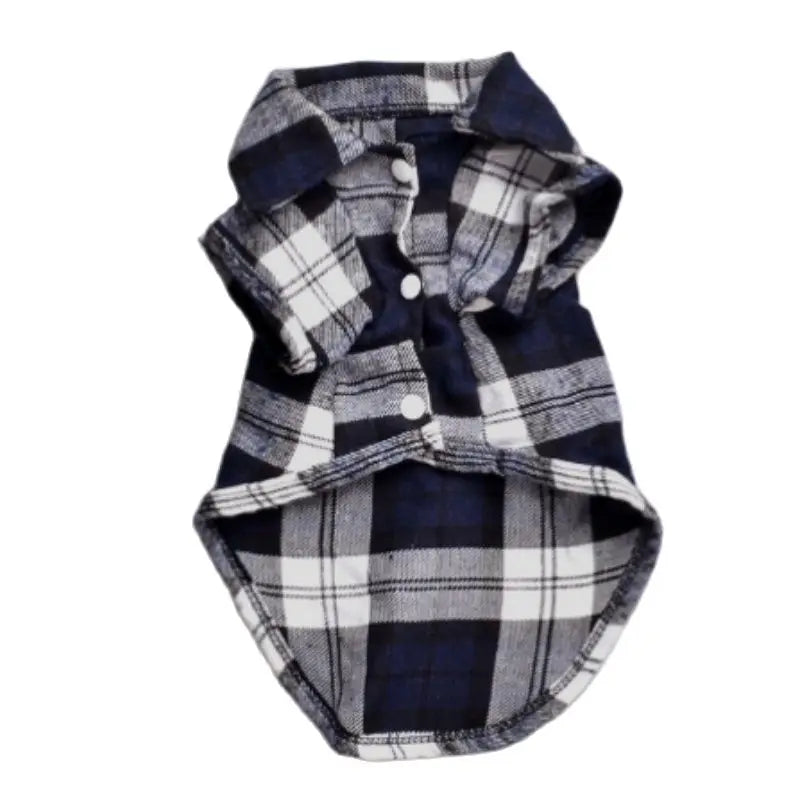 A dark blue and white plaid button-up shirt for pets