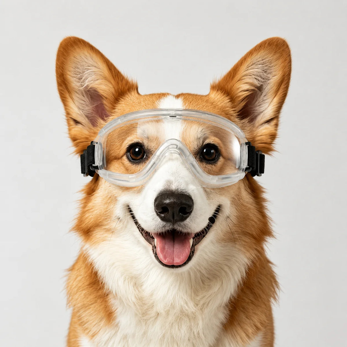 Glücklicher Hund mit klaren UV-Schutzbrillen, der direkt in die Kamera schaut.