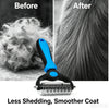 Before and after comparison of a dual-sided pet deshedding rake brush showing reduced shedding on fur