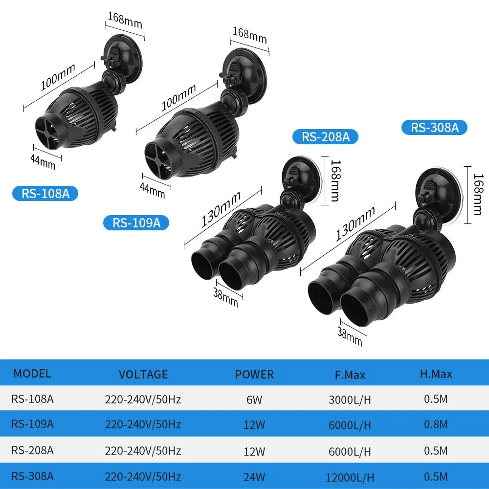 Various models of submersible water circulation pumps shown with dimensions and power specifications.