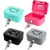 Three portable metal cash boxes in teal, pink, and gray with locks and keys.