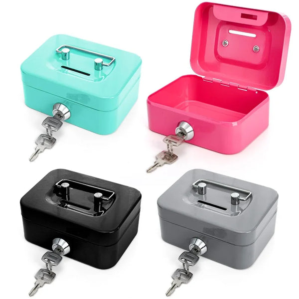 Three portable metal cash boxes in teal, pink, and gray with locks and keys.