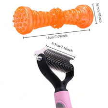 Orange stainless steel pet hair remover comb with a pink handle and black bristles