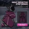 Pug mit magenta reflektierendem Streifen-Fleecewintermantel vor schneebeständen Bergkulisse.