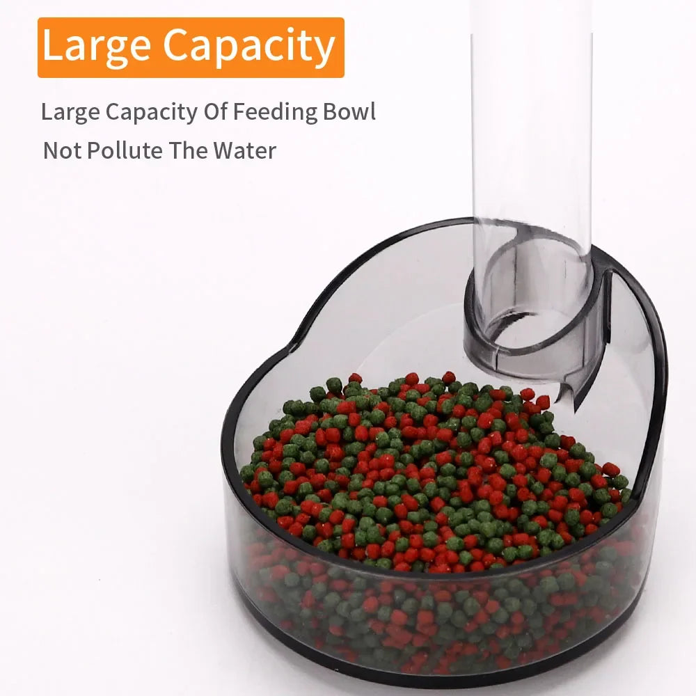 Cuenco de alimentación de acrílico transparente con pequeños pellets rojos y verdes para peces de acuario