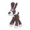 A brown corduroy squeaky dog toy shaped like a rabbit with white accents.