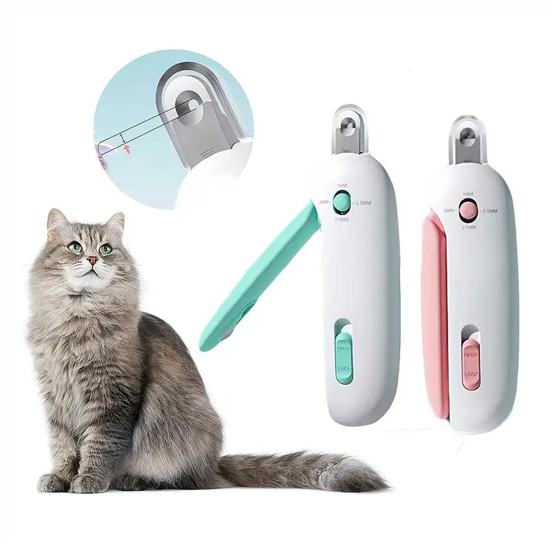 Ein weißer und ein grüner Nagelschere für Haustiere neben einer Katze.