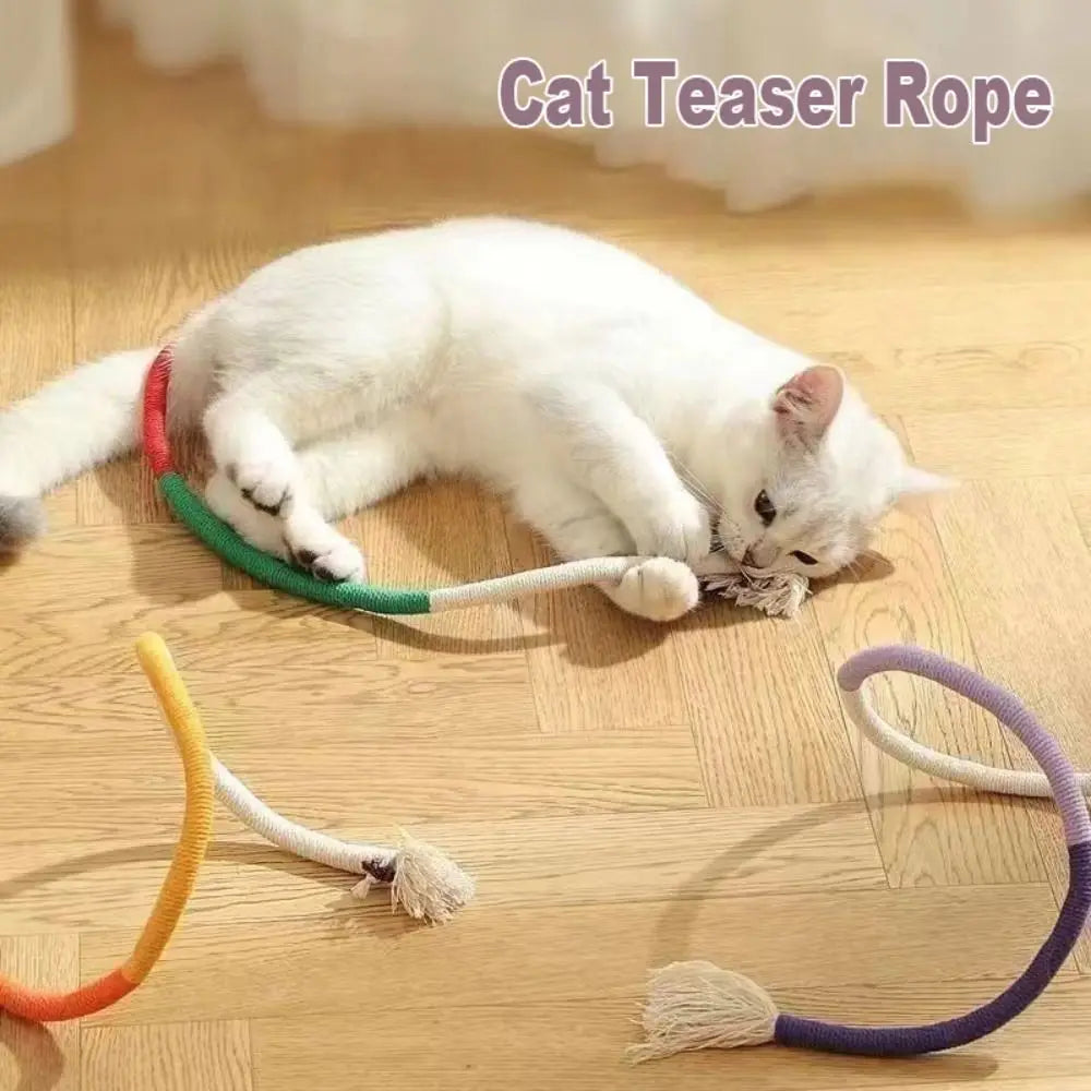 A white cat is playing with a green rope teaser toy on a wooden floor.