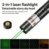 A 2-in-1 laser flashlight with a detachable starry sky head emitting a green laser beam.