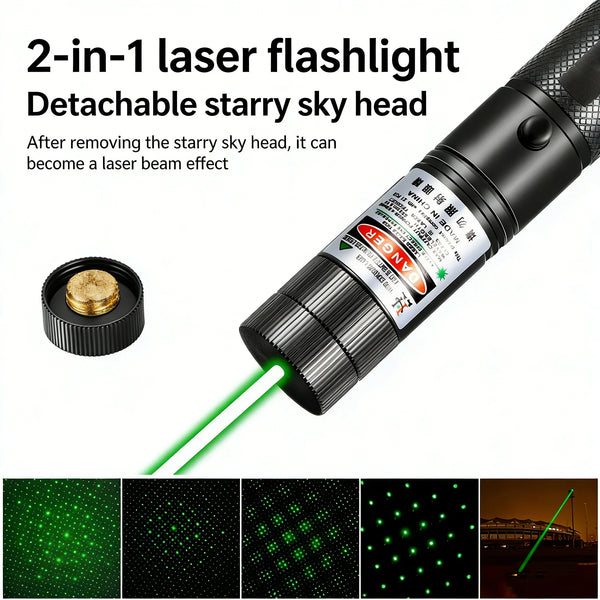 A 2-in-1 laser flashlight with a detachable starry sky head emitting a green laser beam.