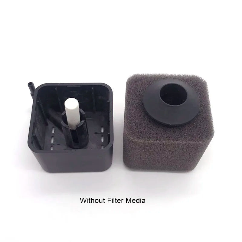 Black bio sponge filter housing with an air pump connection and a white filter media insert