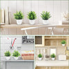 Three potted artificial bonsai plants displayed on a light wooden shelf and a kitchen counter.