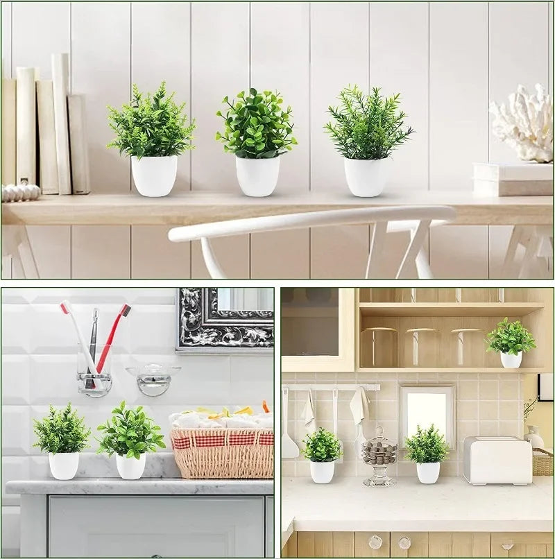 Three potted artificial bonsai plants displayed on a light wooden shelf and a kitchen counter.
