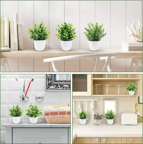 Drei in Töpfen befindliche künstliche Bonsai-Pflanzen auf einem hellen Holzregal und einer Küchenzeile.