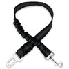 Black adjustable dog car safety belt with a reflective strip and shock-absorbing bungee