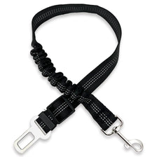 Black adjustable dog car safety belt with a reflective strip and shock-absorbing bungee