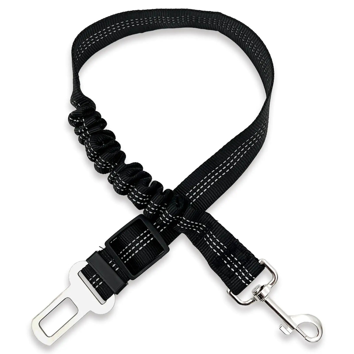 Black adjustable dog car safety belt with a reflective strip and shock-absorbing bungee