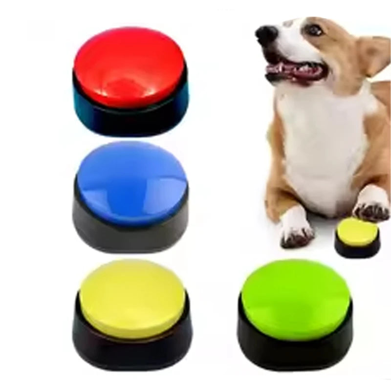 A set of colorful recordable pet communication buttons for dog training, including red, blue, and yellow options.