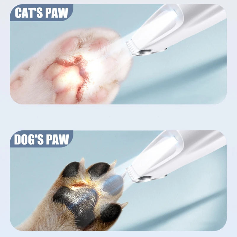 Comparison of a cat's paw and a dog's paw being groomed with a cordless pet hair trimmer.
