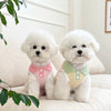 Two fluffy white small dogs wearing pink and yellow breathable cotton shirts
