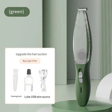 A green 2-in-1 pet hair and ear trimmer with suction device shown next to grooming tools.