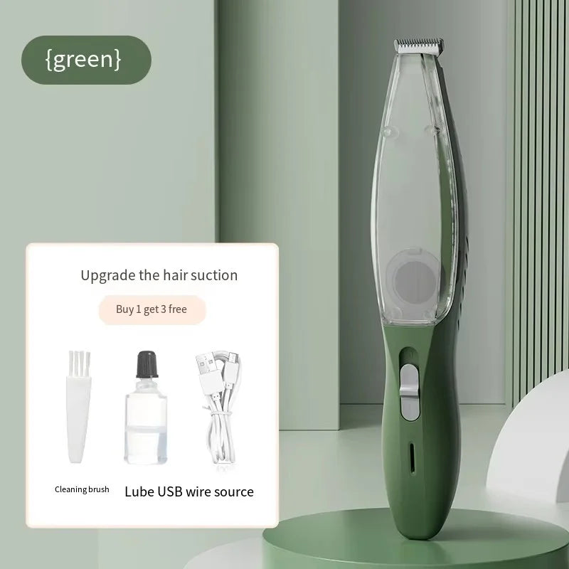 Grüner 2-in-1 Haartrimmer für Tierhaare und Ohren mit Sauger eingesetzt neben Pflegewerkzeugen.