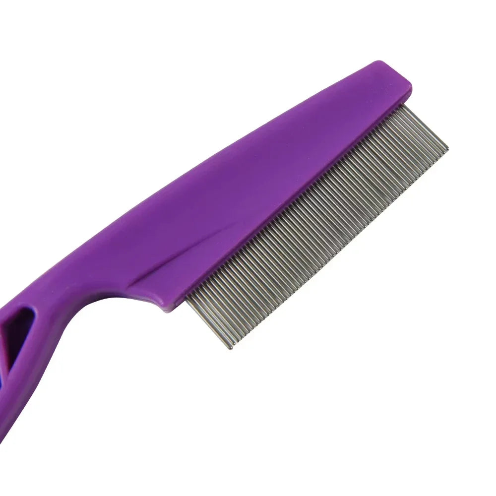 A purple dual-sided pet grooming comb with fine teeth shown from above.