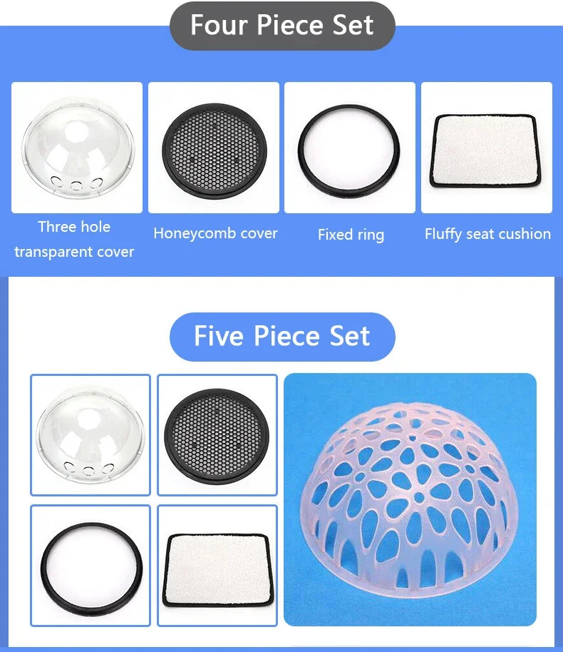 A set of four pieces including a transparent cover, honeycomb cover, fixed ring, and fluffy seat cushion.
