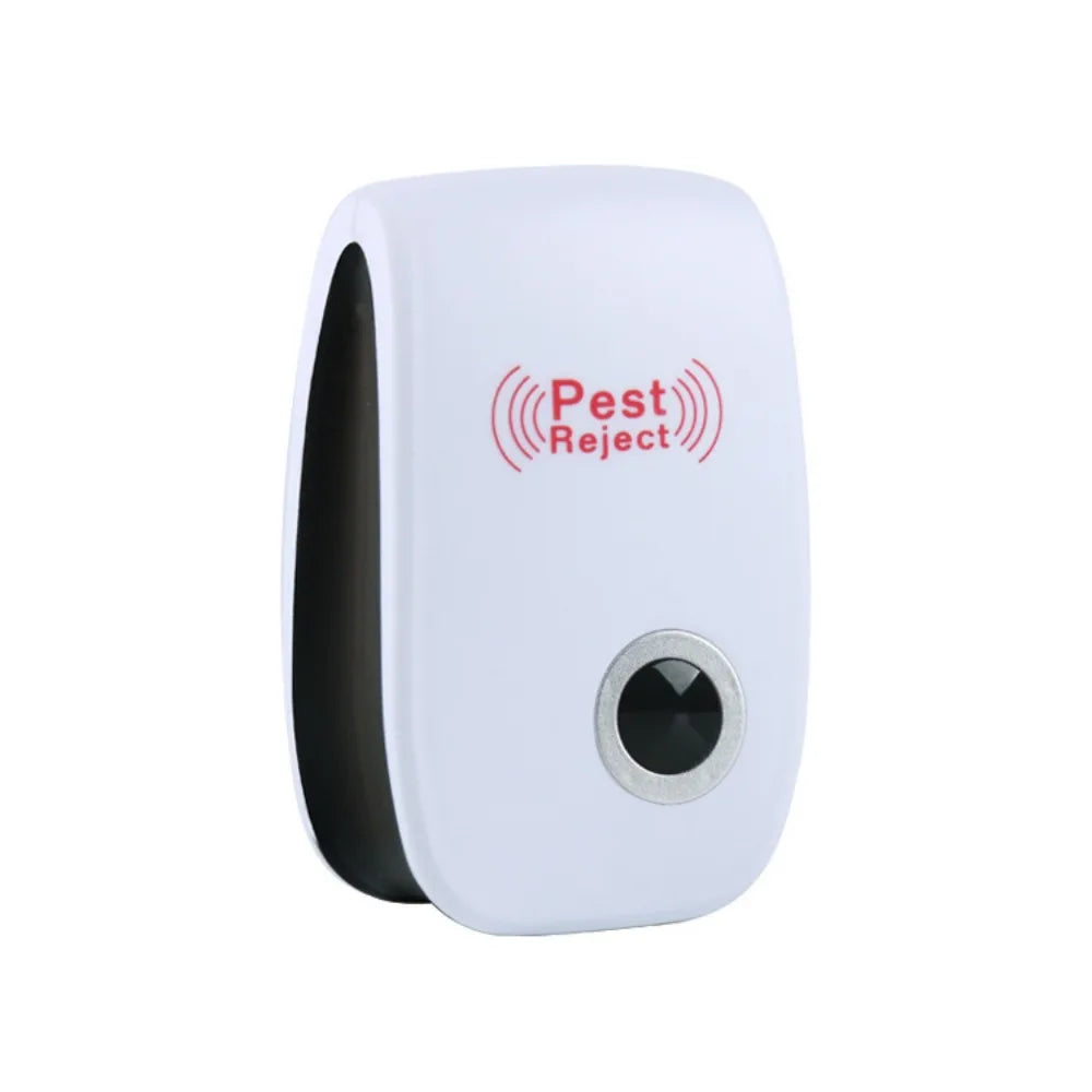 A white ultrasonic pest repellent device with a black nozzle and a red Pest Reject symbol.