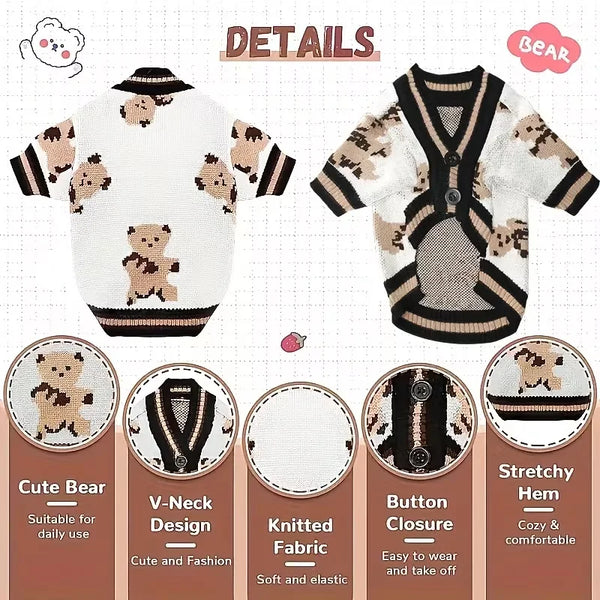 A white and brown knitted sweater designed for small dogs featuring a V-neck and button closure.