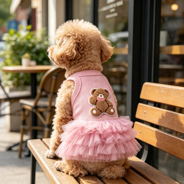 A fluffy golden dog wearing a pink ruffled skirt sits on a wooden bench in a cafe setting.