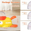A yellow duck feeding toy with a transparent lid and various sized silicone feeding tips for dogs.