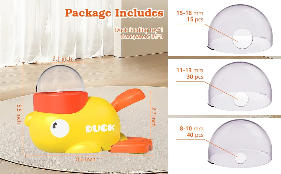 A yellow duck feeding toy with a transparent lid and various sized silicone feeding tips for dogs.