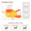 A yellow duck-shaped interactive treat dispenser for dogs, shown next to various dog sizes.