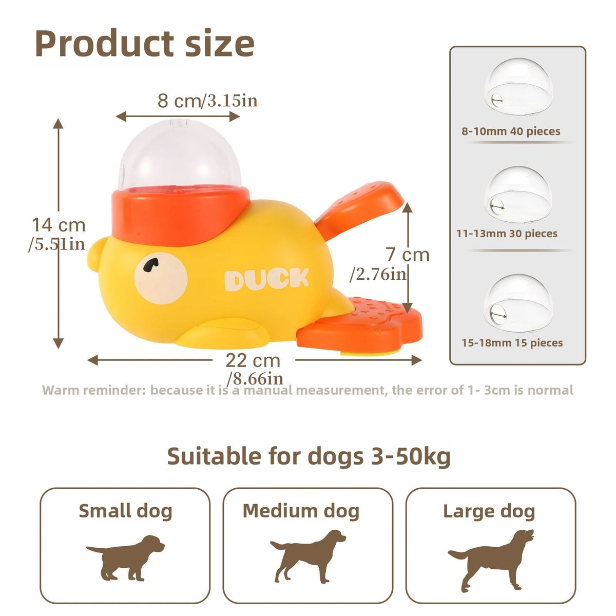 A yellow duck-shaped interactive treat dispenser for dogs, shown next to various dog sizes.