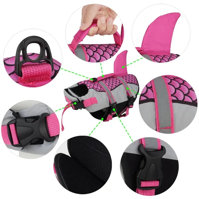 Pink and gray dog swimming life jacket for medium to large breeds shown in various angles