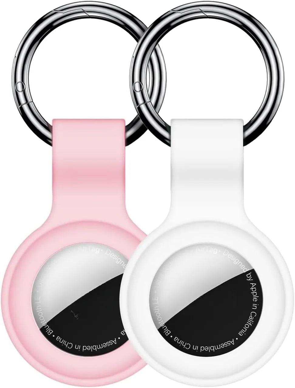 A pink silicone protective cover for an AirTag attached to a metal keychain ring.