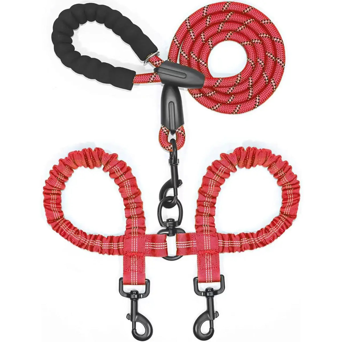 A dual dog leash with shock absorbing bungee for two dogs, featuring red and black cord.