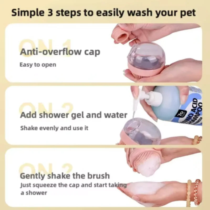 Three steps for washing a pet using an anti-overflow cap, shower gel, and a brush.