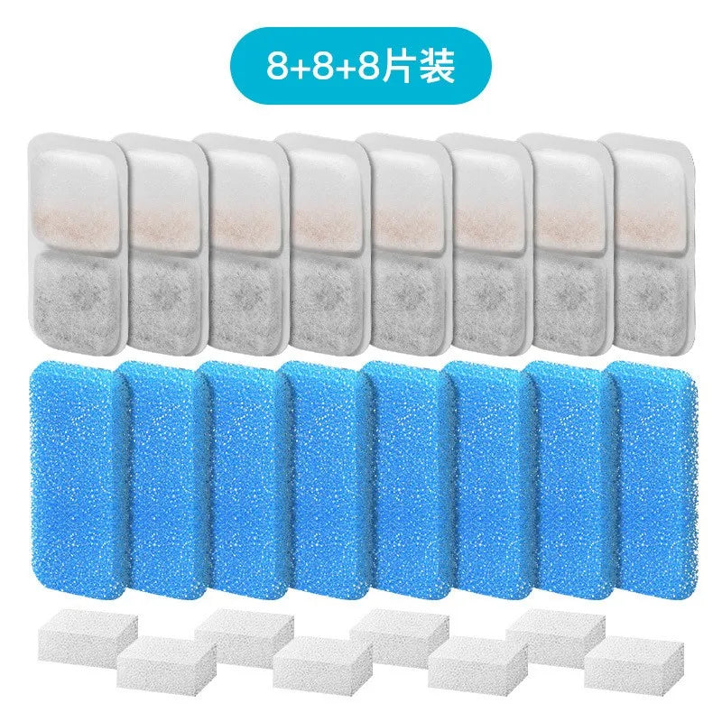 Replacement filter and sponge set for a cat water fountain including multiple filter cartridges and cleaning sponges