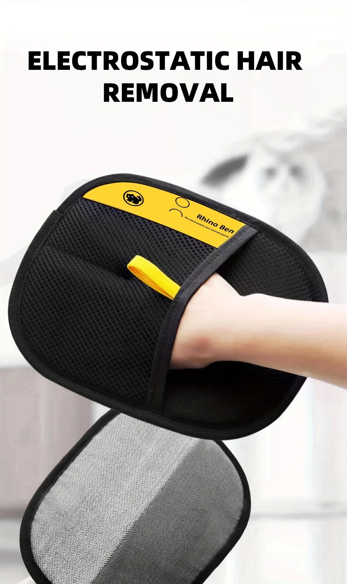 A hand is holding a black electrostatic hair removal glove with a yellow accent, demonstrating the product for pet grooming.