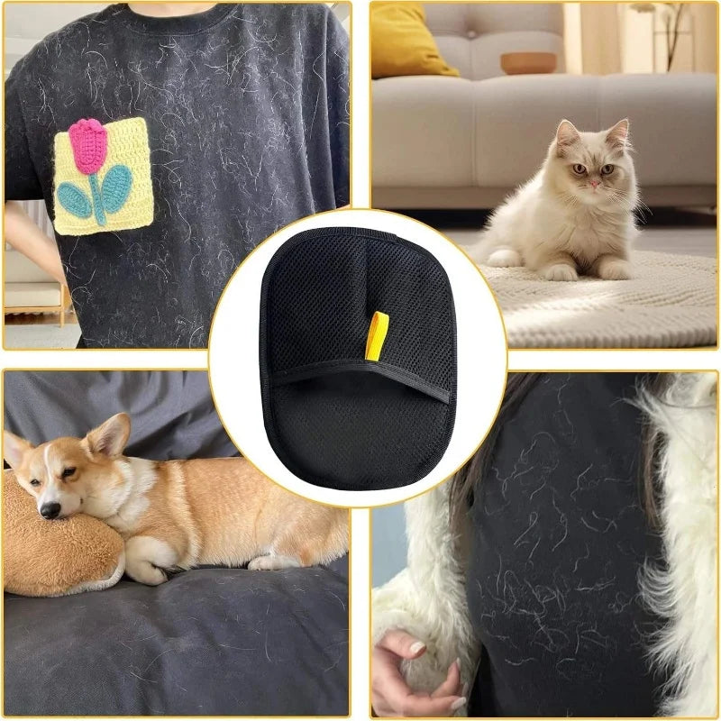 A set of pet hair removal gloves shown on a shirt, a cat, and a dog.